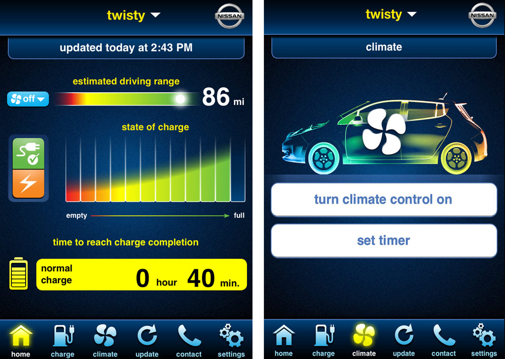 Inside the Carwings app for the Nissan Leaf. “Twisty” is our nickname for the car. We chose it since my husband Bill Dube’ and I have slightly twisted minds. ;-)